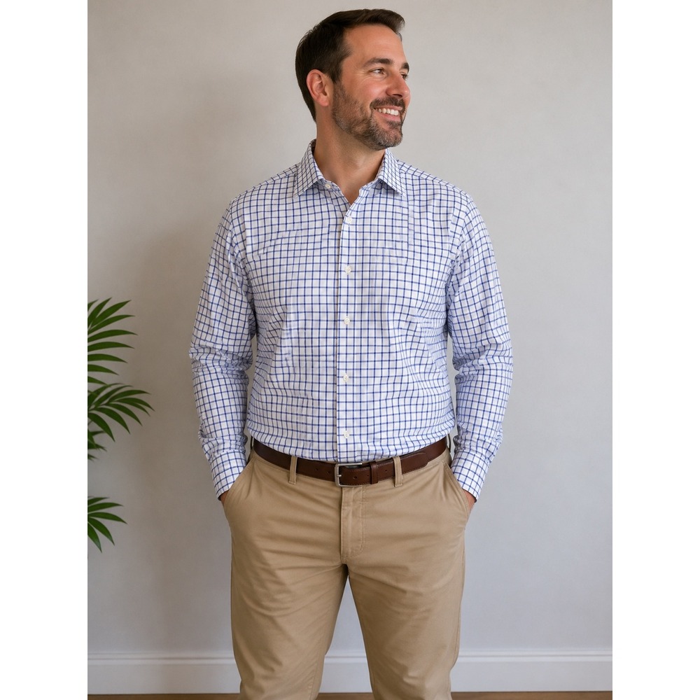 Charles Tyrwhitt White Shirt with Blue Windowpane Check- Size 16.5